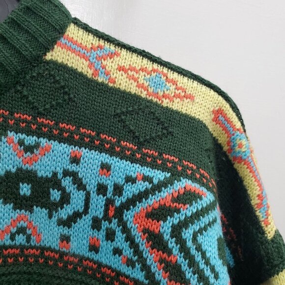 Sepa Men's Vintage 1980s Green Yellow Southwestern Navajo Knit Cosby Sweater L - Picture 2 of 5